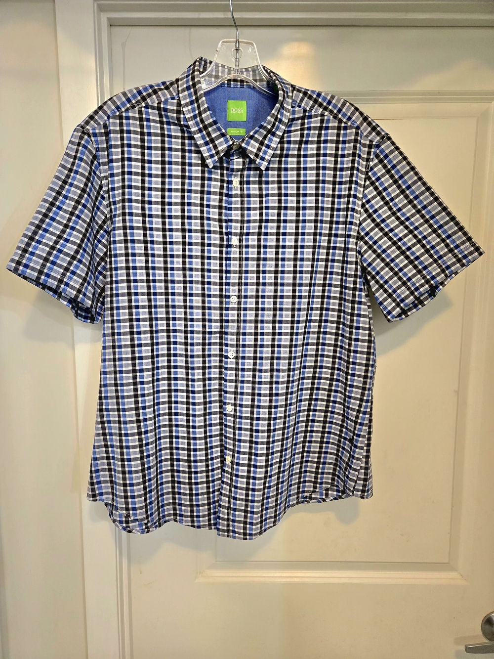 BOSS Short Sleeve Check Button-Up Shirt - Blue/Black/White XL
